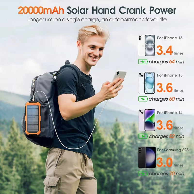 Power Bank Solar 20000 mAh con Manivela y Linterna LED