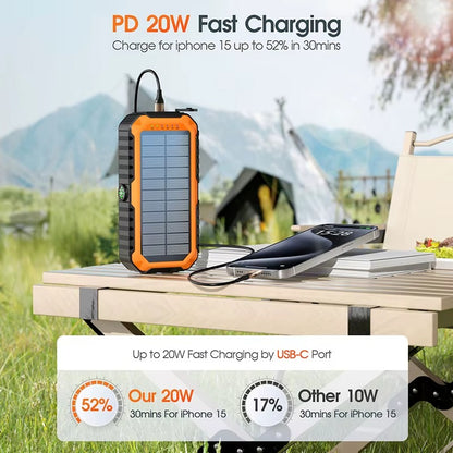 Power Bank Solar 20000 mAh con Manivela y Linterna LED